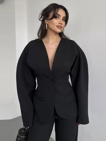 Elegant V-neck Blazers Coat Pants Set Women Solid Single Button Suit Coats Straight Long Trousers 2025 Autumn Office Lady Outfit